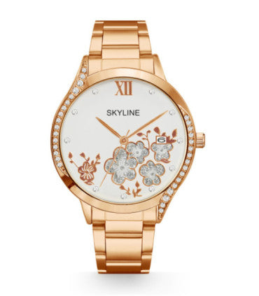 RELOJ MUJER ACERO INOXIDABLE ROSADO CON DETALLES FLORALES